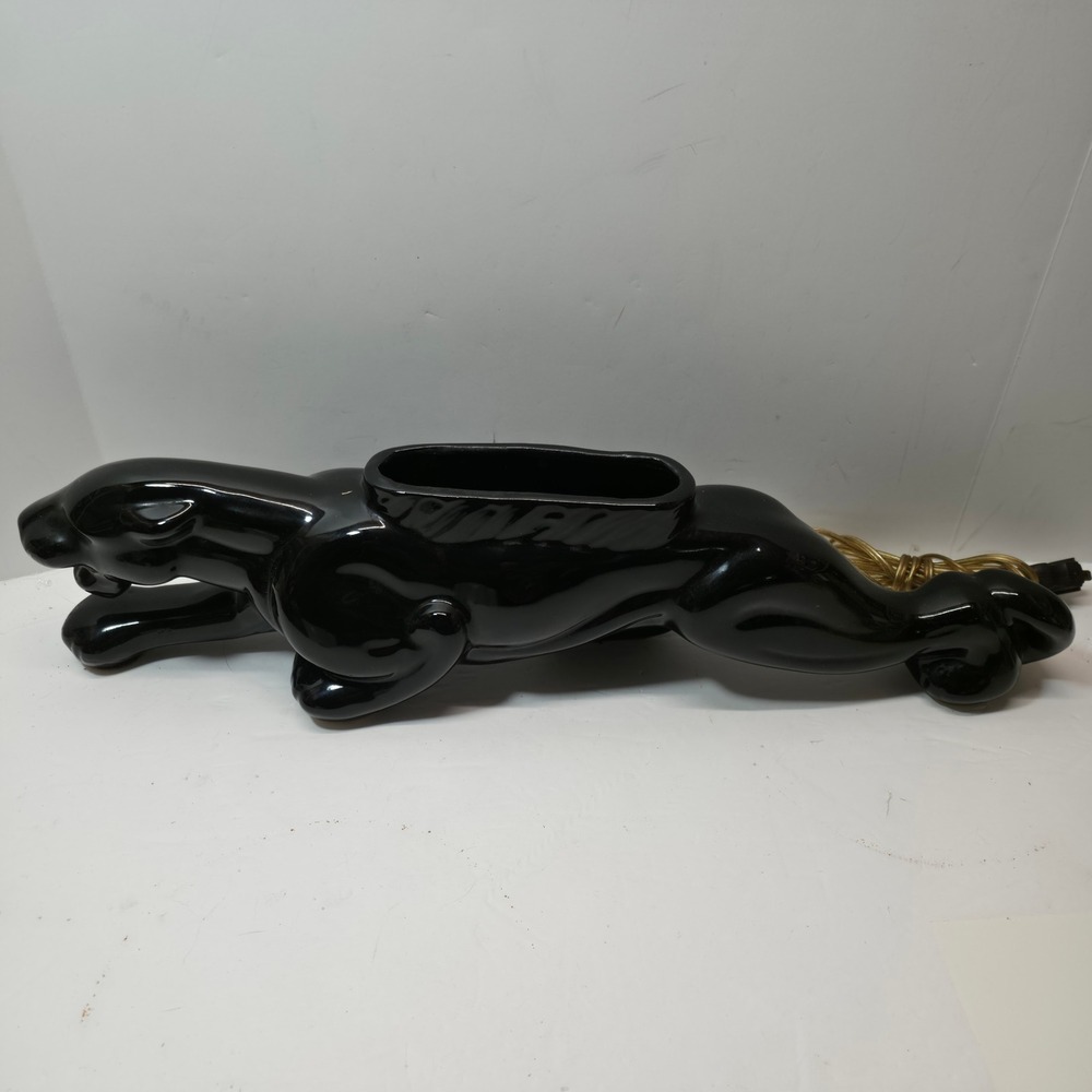 Vintage Black Ceramic Panther Lamp Planter Art Deco Style 21"X4"